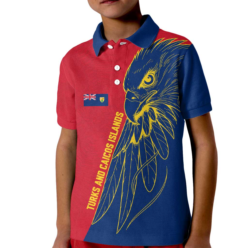 Turks and Caicos Islands Kid Polo Shirt with Yellow Hawk Outline and Red Blue Crest Design - Wonder Print Shop