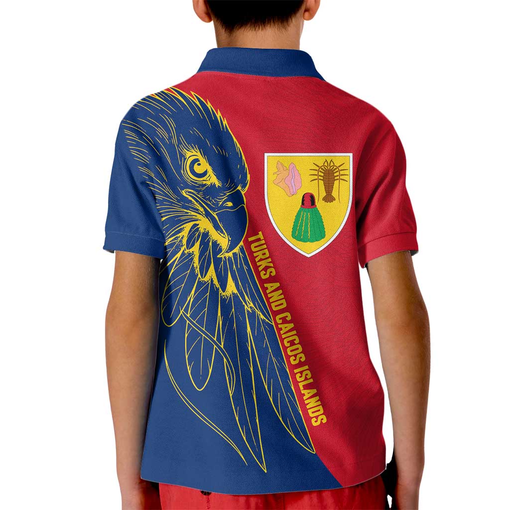Turks and Caicos Islands Kid Polo Shirt with Yellow Hawk Outline and Red Blue Crest Design - Wonder Print Shop