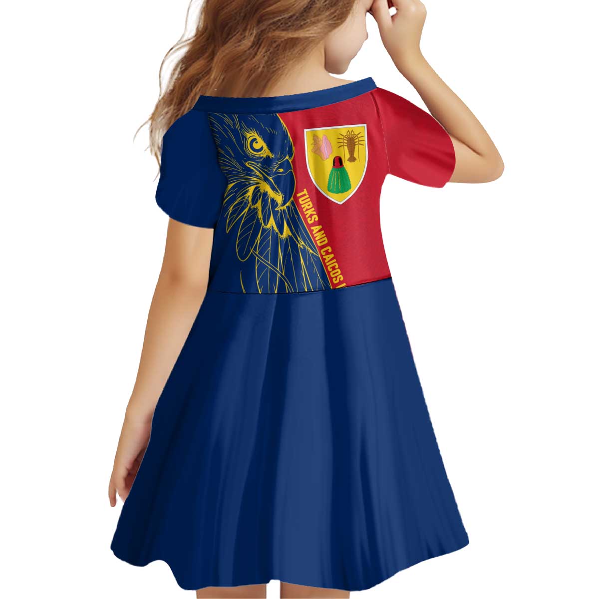 Turks and Caicos Islands Kid Short Sleeve Dress with Yellow Hawk Outline and Red Blue Crest Design - Wonder Print Shop