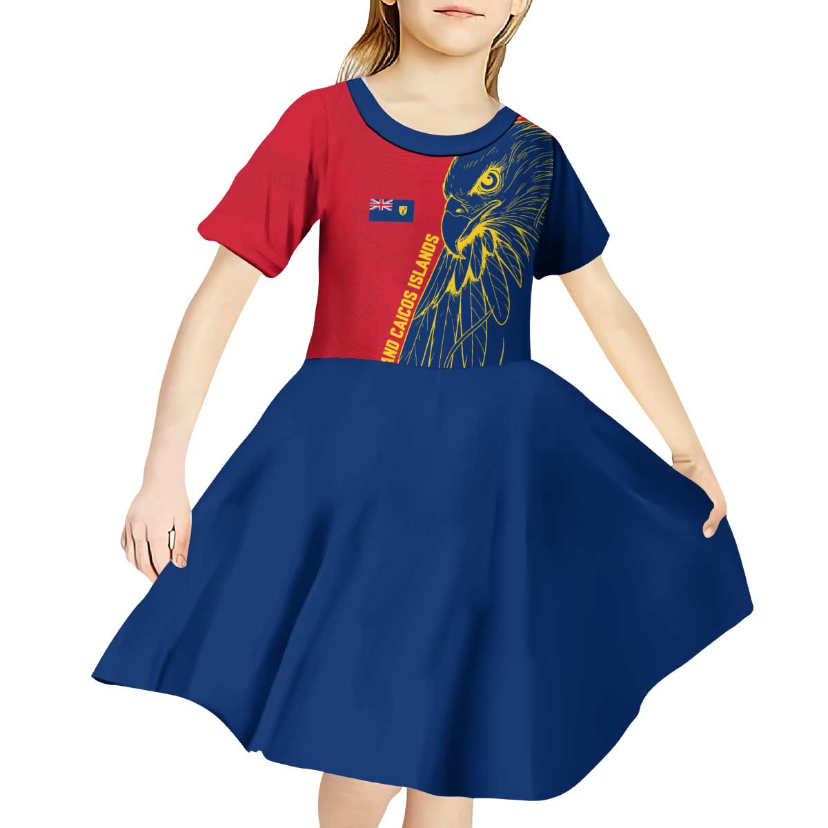 Turks and Caicos Islands Kid Short Sleeve Dress with Yellow Hawk Outline and Red Blue Crest Design - Wonder Print Shop