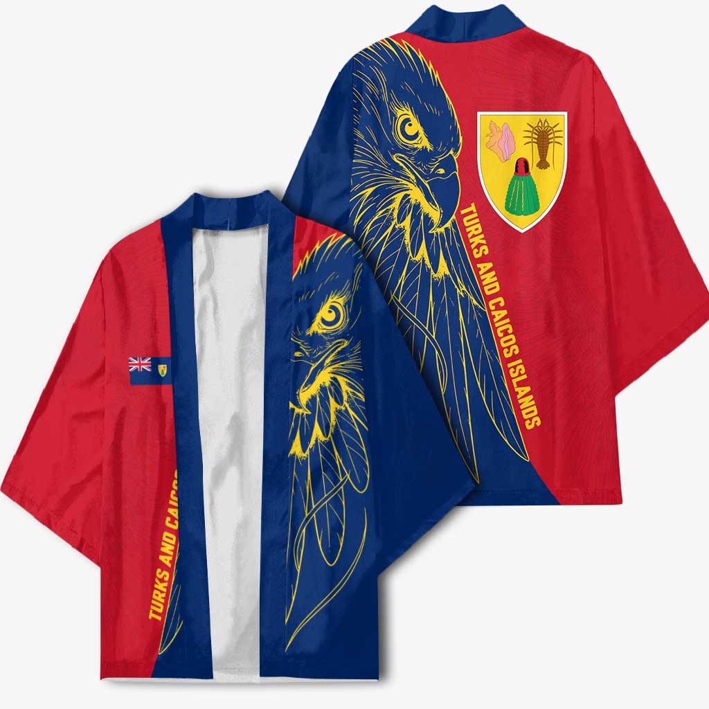 Turks and Caicos Islands Kimono with Yellow Hawk Outline and Red Blue Crest Design - Wonder Print Shop