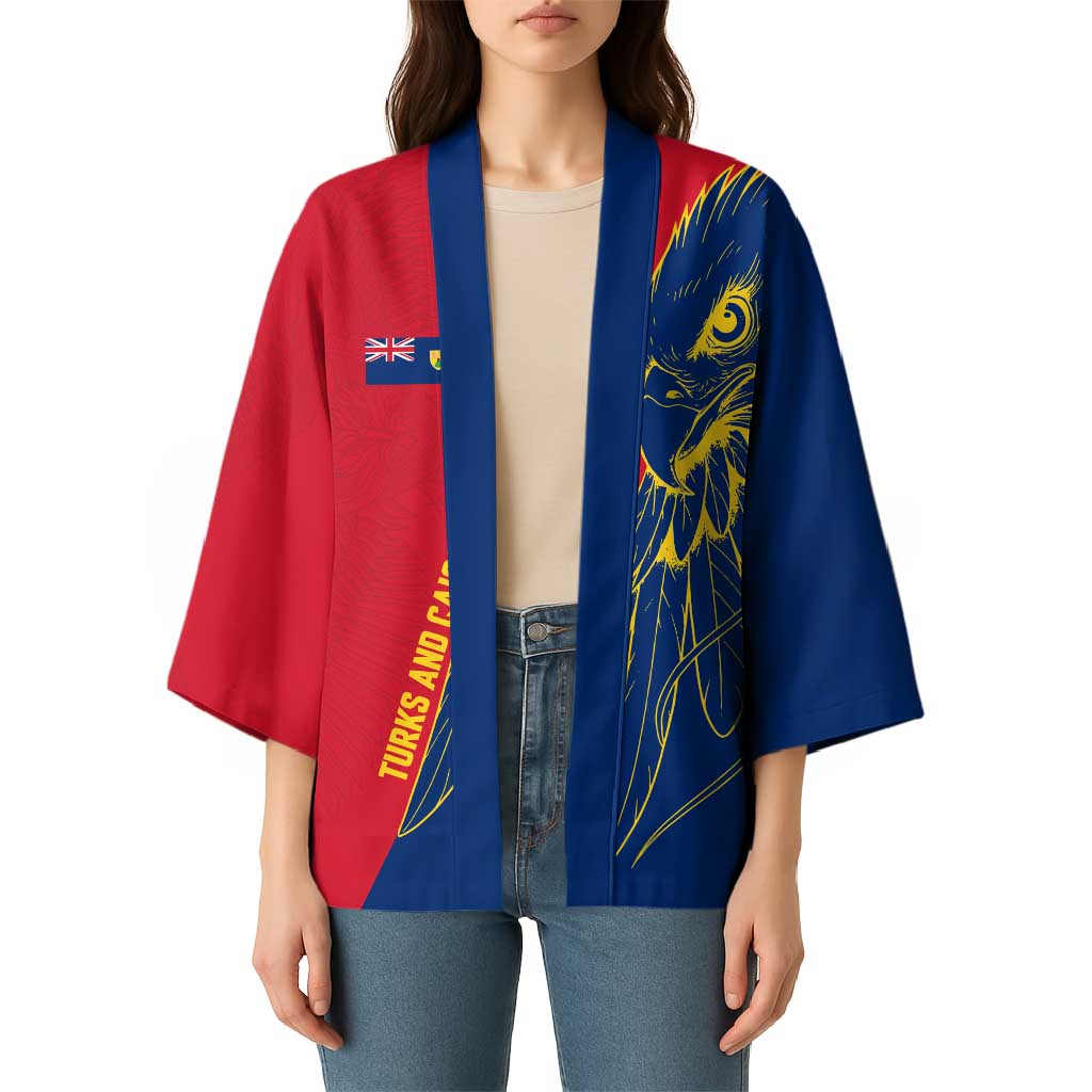 Turks and Caicos Islands Kimono with Yellow Hawk Outline and Red Blue Crest Design - Wonder Print Shop