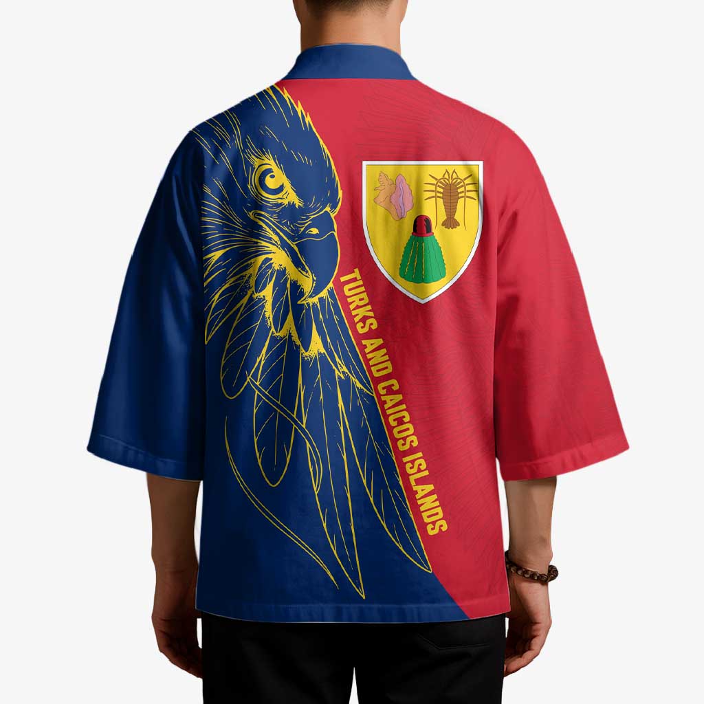 Turks and Caicos Islands Kimono with Yellow Hawk Outline and Red Blue Crest Design - Wonder Print Shop