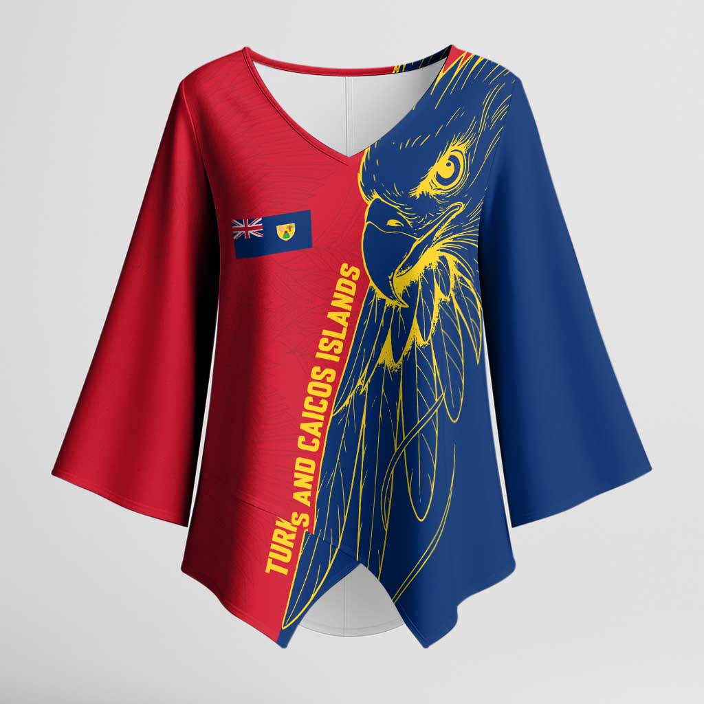 Turks and Caicos Islands Kimono Sleeve Blouse with Yellow Hawk Outline and Red Blue Crest Design - Wonder Print Shop