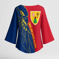 Turks and Caicos Islands Kimono Sleeve Blouse with Yellow Hawk Outline and Red Blue Crest Design - Wonder Print Shop