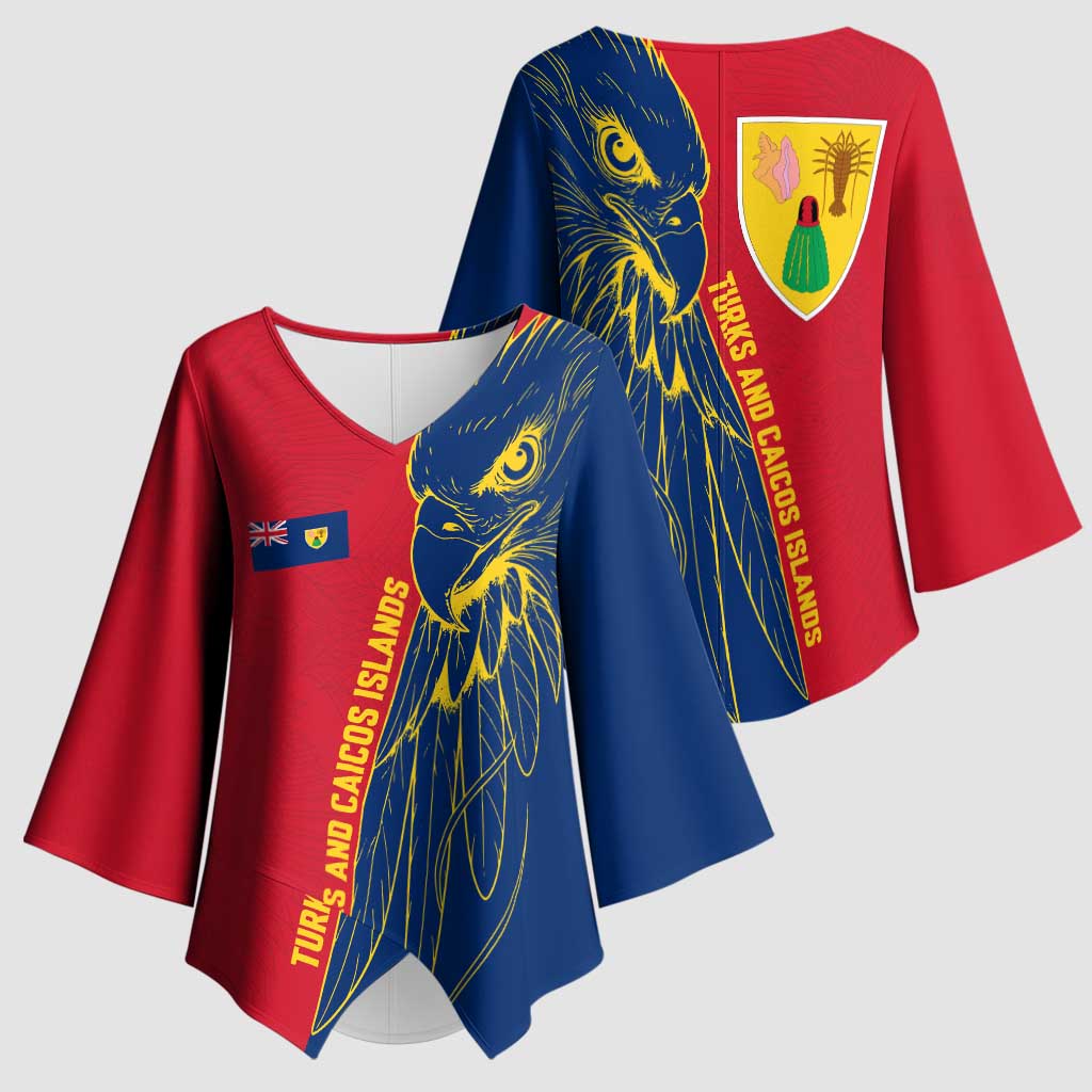 Turks and Caicos Islands Kimono Sleeve Blouse with Yellow Hawk Outline and Red Blue Crest Design - Wonder Print Shop