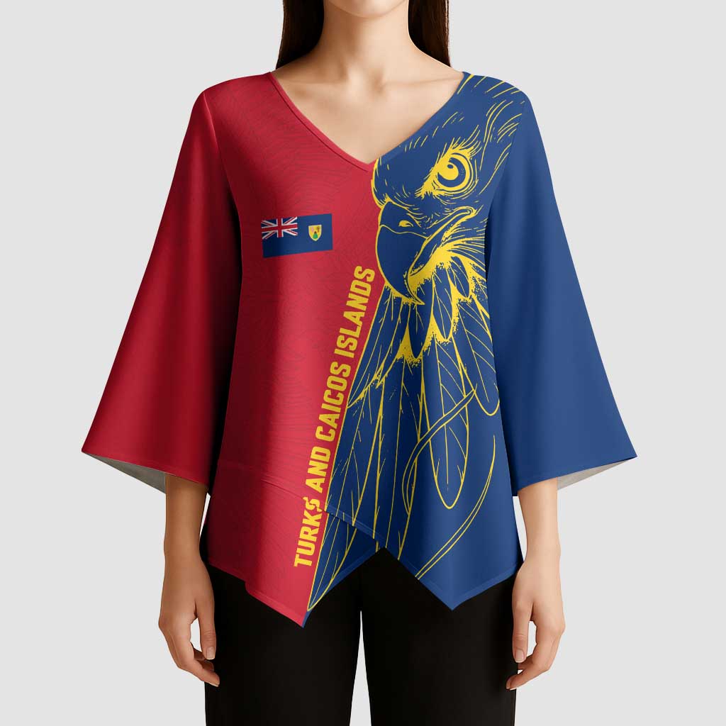 Turks and Caicos Islands Kimono Sleeve Blouse with Yellow Hawk Outline and Red Blue Crest Design - Wonder Print Shop