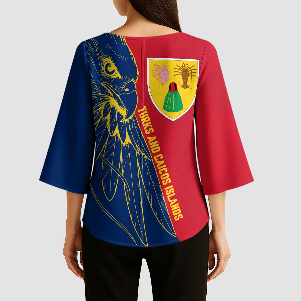 Turks and Caicos Islands Kimono Sleeve Blouse with Yellow Hawk Outline and Red Blue Crest Design - Wonder Print Shop