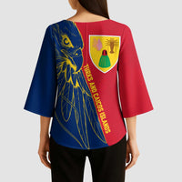 Turks and Caicos Islands Kimono Sleeve Blouse with Yellow Hawk Outline and Red Blue Crest Design - Wonder Print Shop
