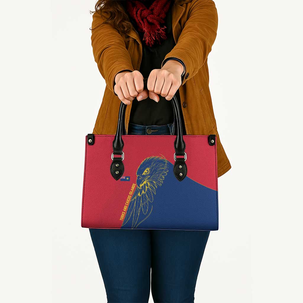 Turks and Caicos Islands Leather Bag with Yellow Hawk Outline and Red Blue Crest Design - Wonder Print Shop