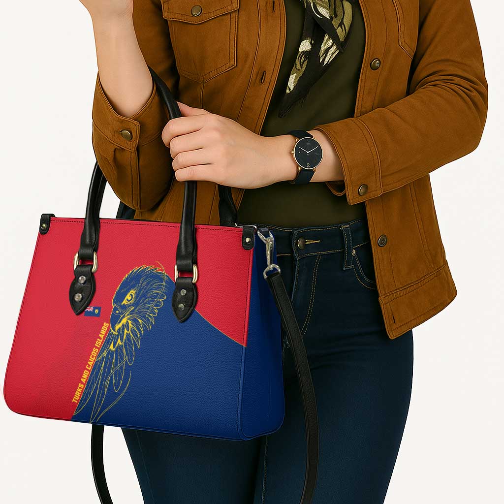 Turks and Caicos Islands Leather Bag with Yellow Hawk Outline and Red Blue Crest Design - Wonder Print Shop