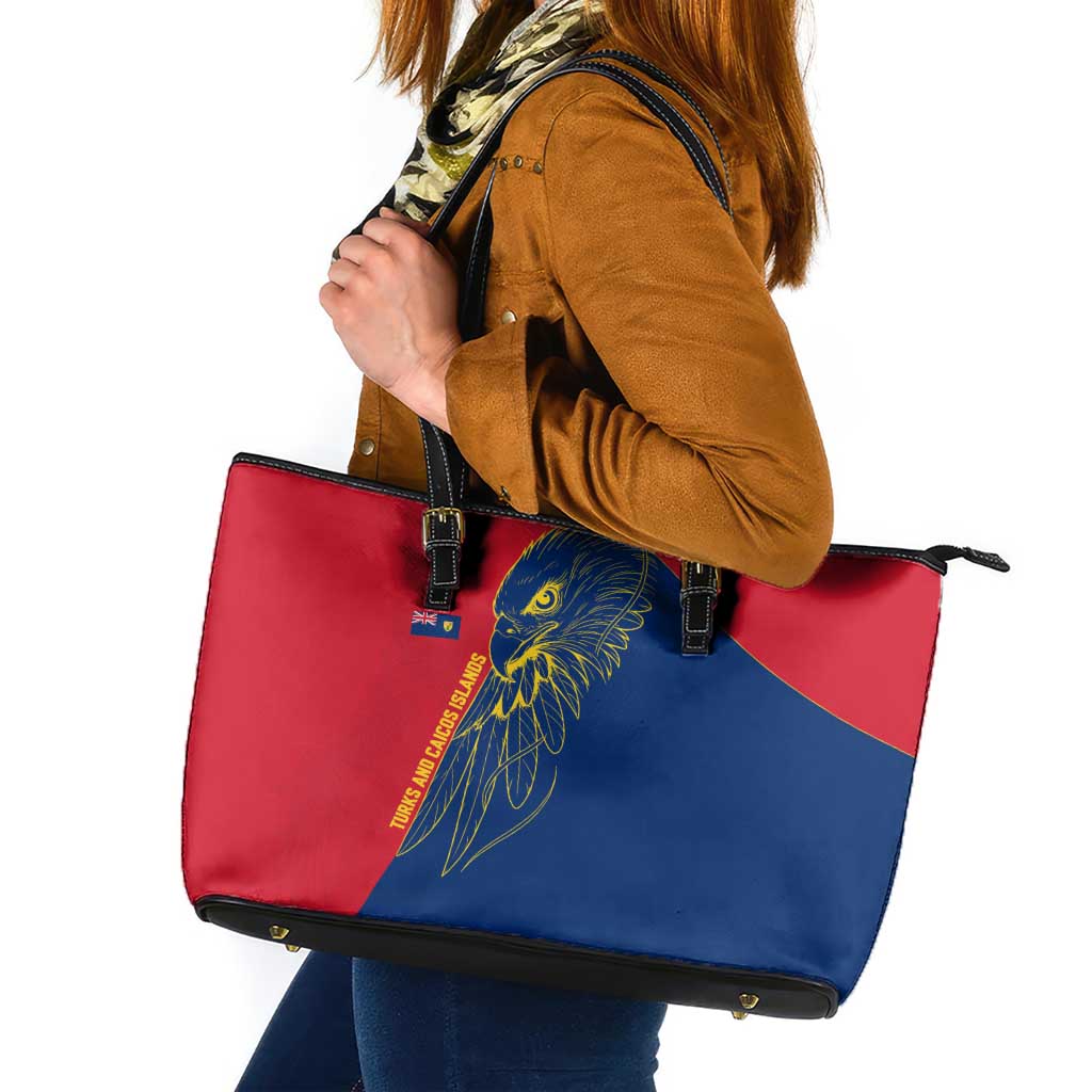 Turks and Caicos Islands Leather Tote Bag with Yellow Hawk Outline and Red Blue Crest Design - Wonder Print Shop