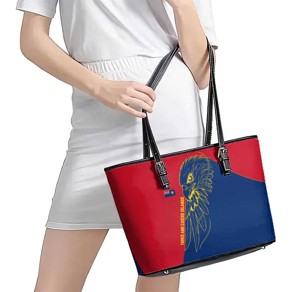 Turks and Caicos Islands Leather Tote Bag with Yellow Hawk Outline and Red Blue Crest Design - Wonder Print Shop