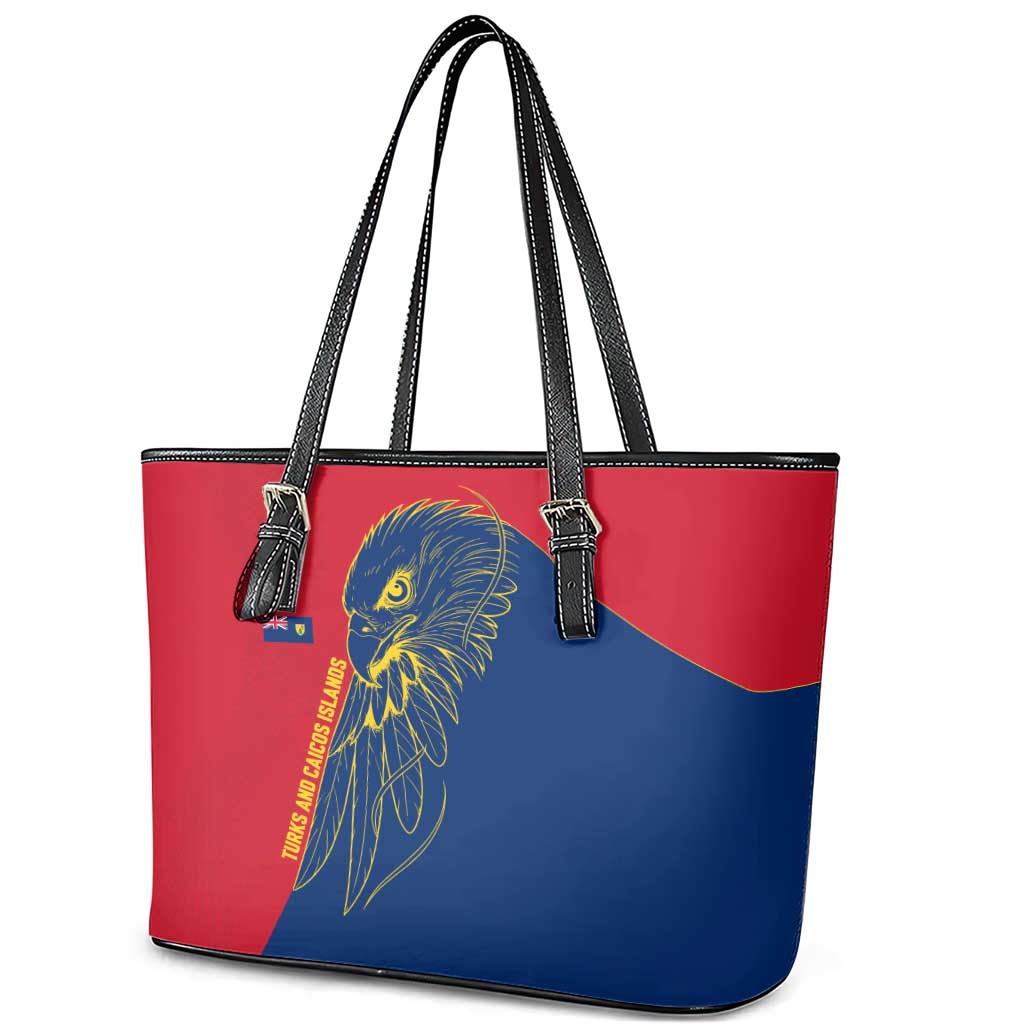 Turks and Caicos Islands Leather Tote Bag with Yellow Hawk Outline and Red Blue Crest Design - Wonder Print Shop