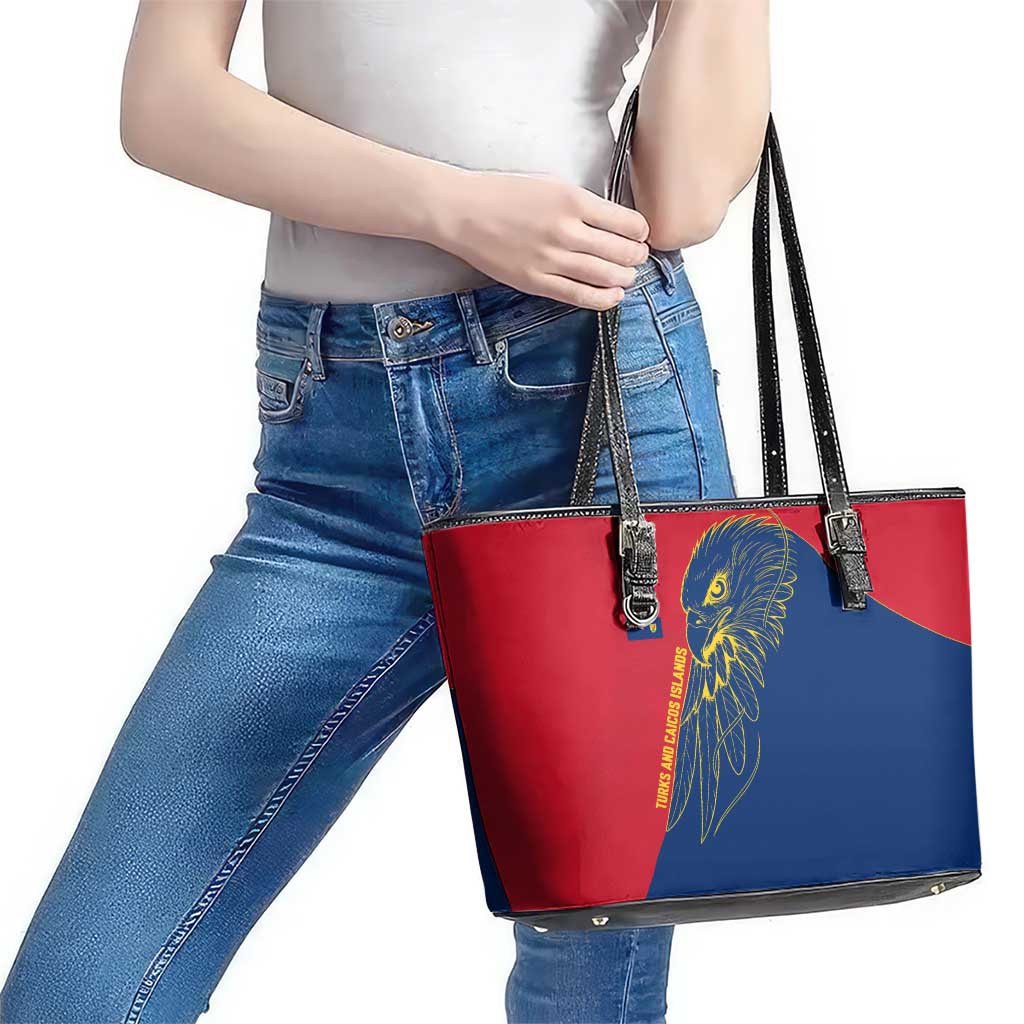 Turks and Caicos Islands Leather Tote Bag with Yellow Hawk Outline and Red Blue Crest Design - Wonder Print Shop