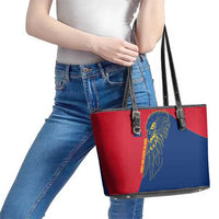Turks and Caicos Islands Leather Tote Bag with Yellow Hawk Outline and Red Blue Crest Design - Wonder Print Shop