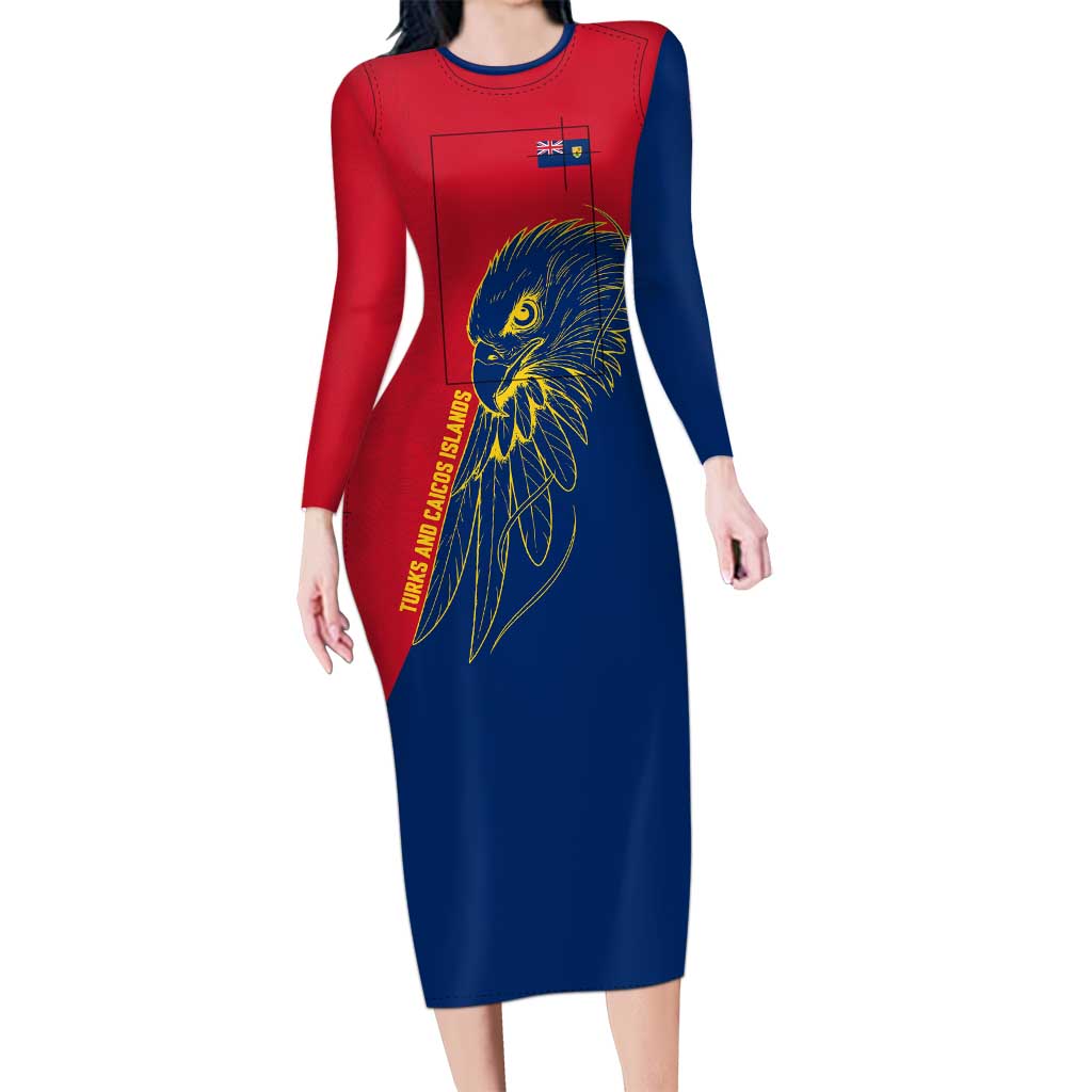Turks and Caicos Islands Long Sleeve Bodycon Dress with Yellow Hawk Outline and Red Blue Crest Design - Wonder Print Shop