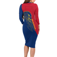 Turks and Caicos Islands Long Sleeve Bodycon Dress with Yellow Hawk Outline and Red Blue Crest Design - Wonder Print Shop
