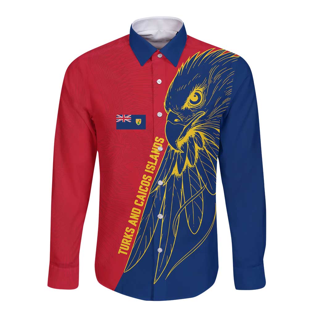 Turks and Caicos Islands Long Sleeve Button Shirt with Yellow Hawk Outline and Red Blue Crest Design - Wonder Print Shop