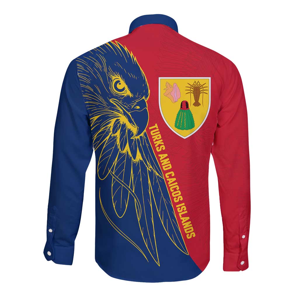 Turks and Caicos Islands Long Sleeve Button Shirt with Yellow Hawk Outline and Red Blue Crest Design - Wonder Print Shop