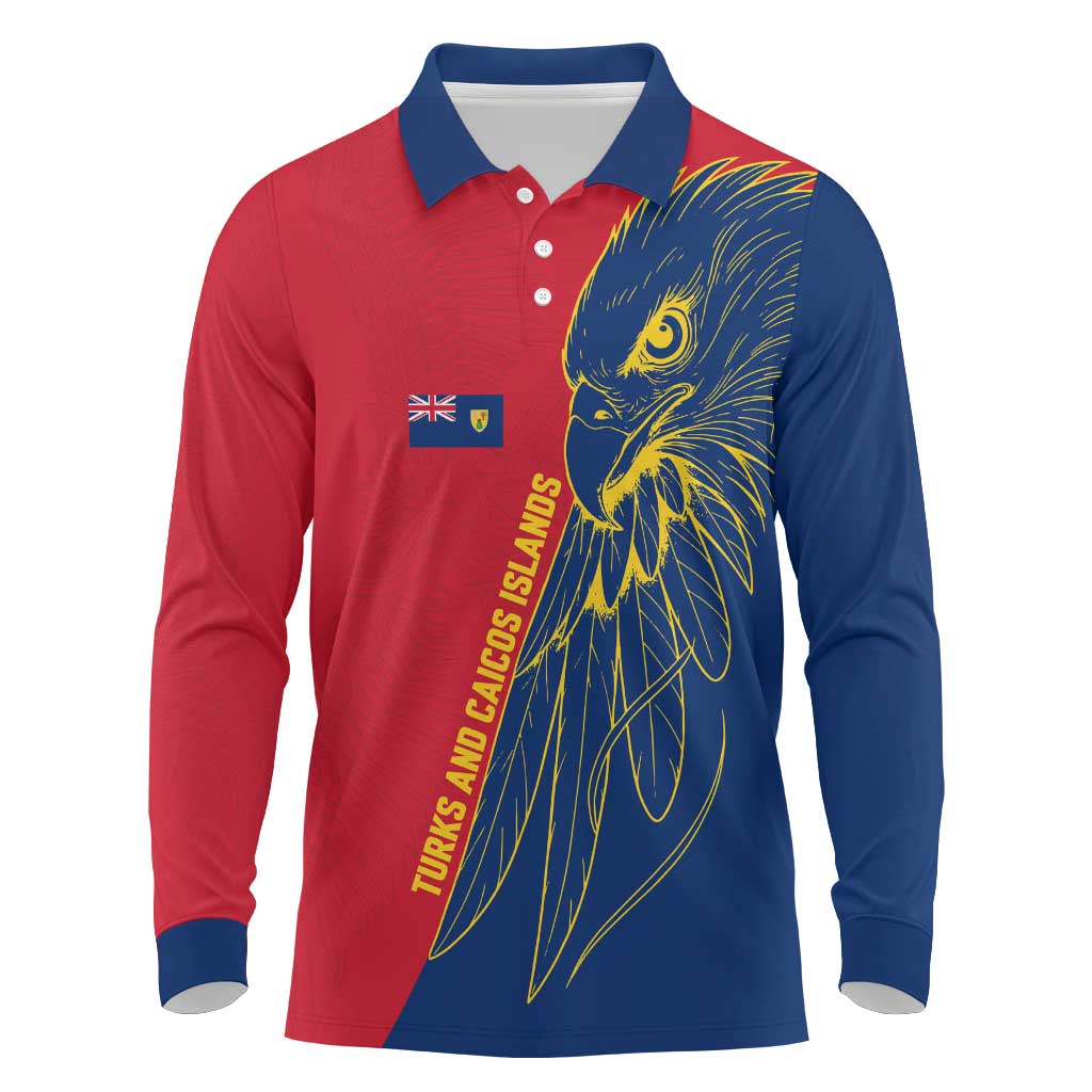 Turks and Caicos Islands Long Sleeve Polo Shirt with Yellow Hawk Outline and Red Blue Crest Design - Wonder Print Shop