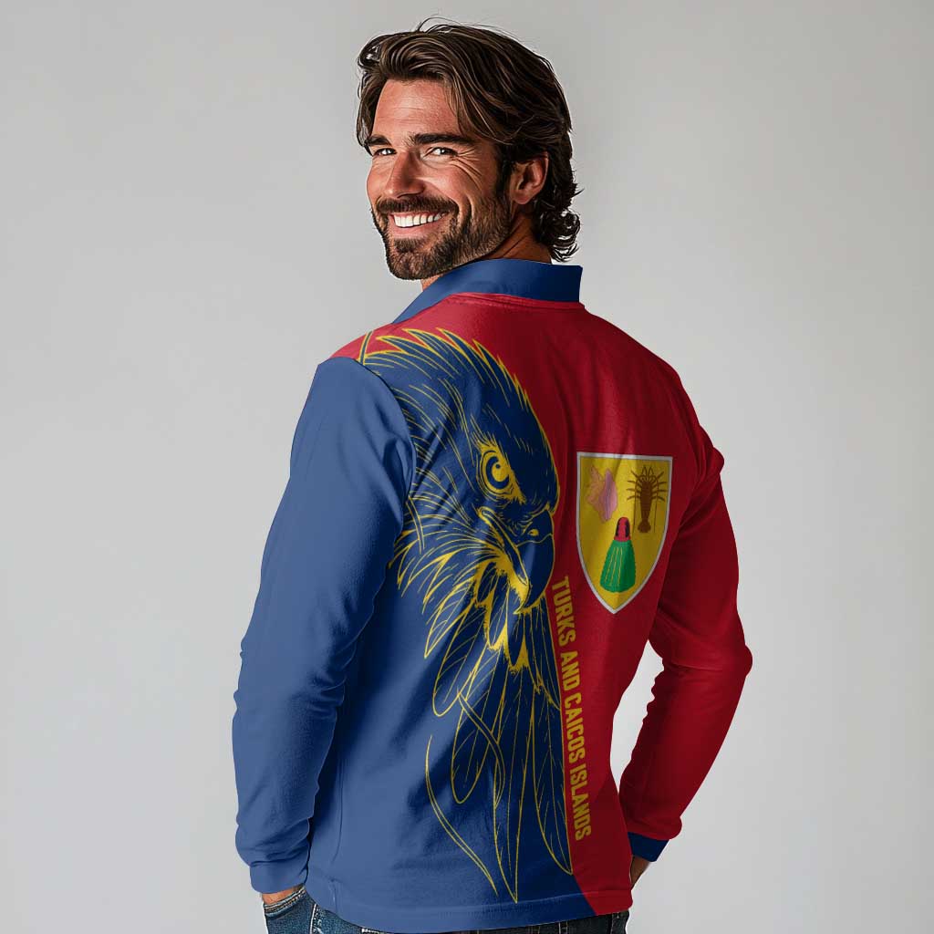 Turks and Caicos Islands Long Sleeve Polo Shirt with Yellow Hawk Outline and Red Blue Crest Design - Wonder Print Shop