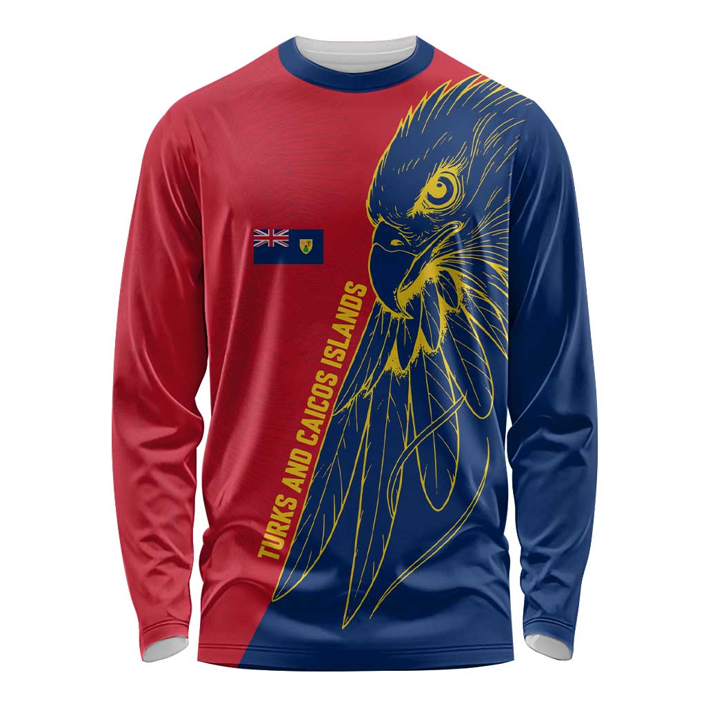 Turks and Caicos Islands Long Sleeve Shirt with Yellow Hawk Outline and Red Blue Crest Design - Wonder Print Shop