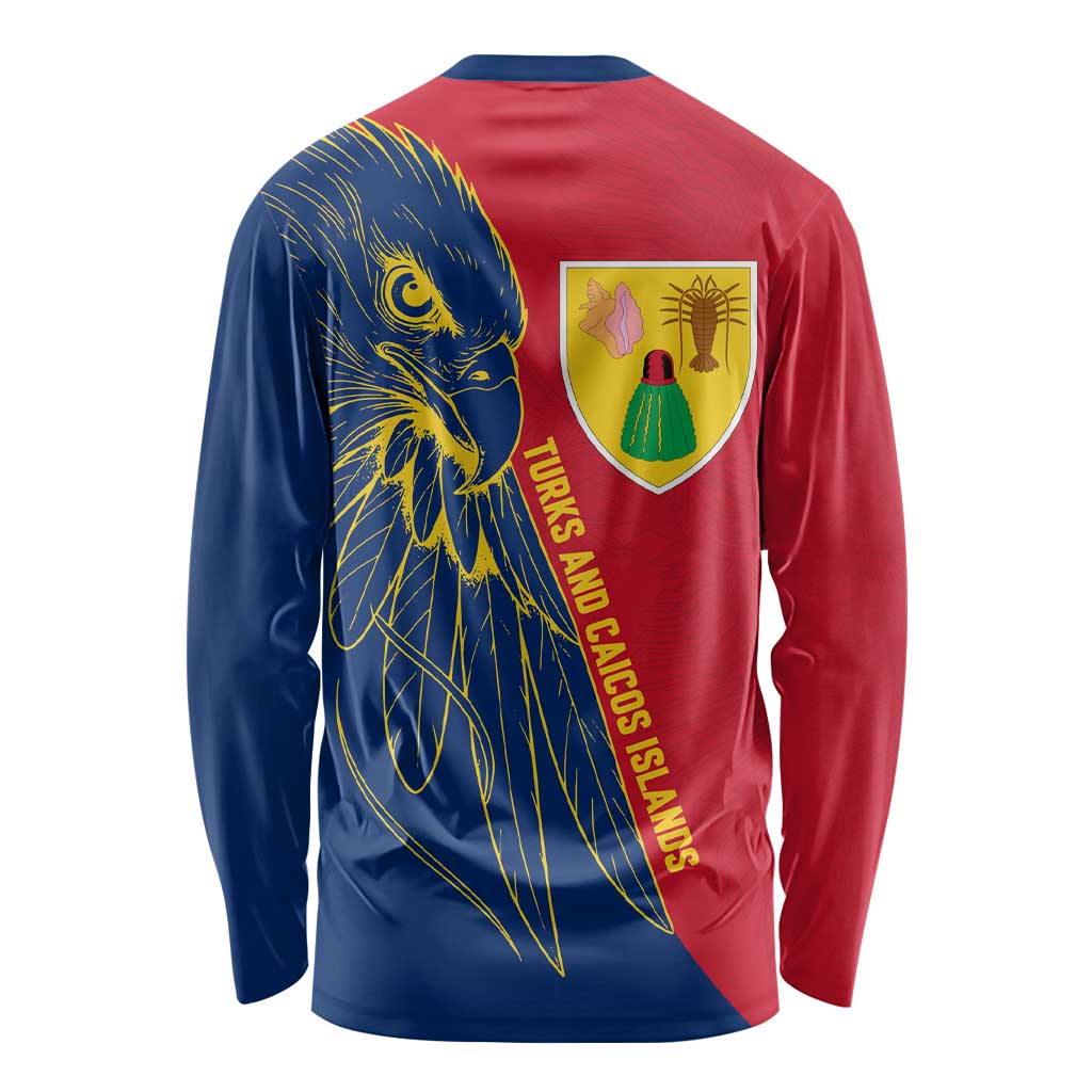 Turks and Caicos Islands Long Sleeve Shirt with Yellow Hawk Outline and Red Blue Crest Design - Wonder Print Shop