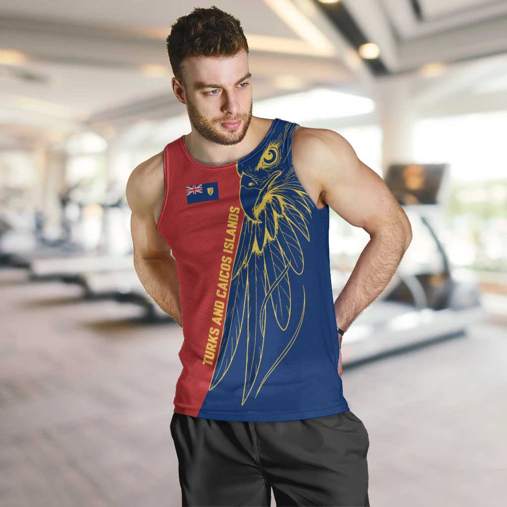 Turks and Caicos Islands Men Tank Top with Yellow Hawk Outline and Red Blue Crest Design - Wonder Print Shop