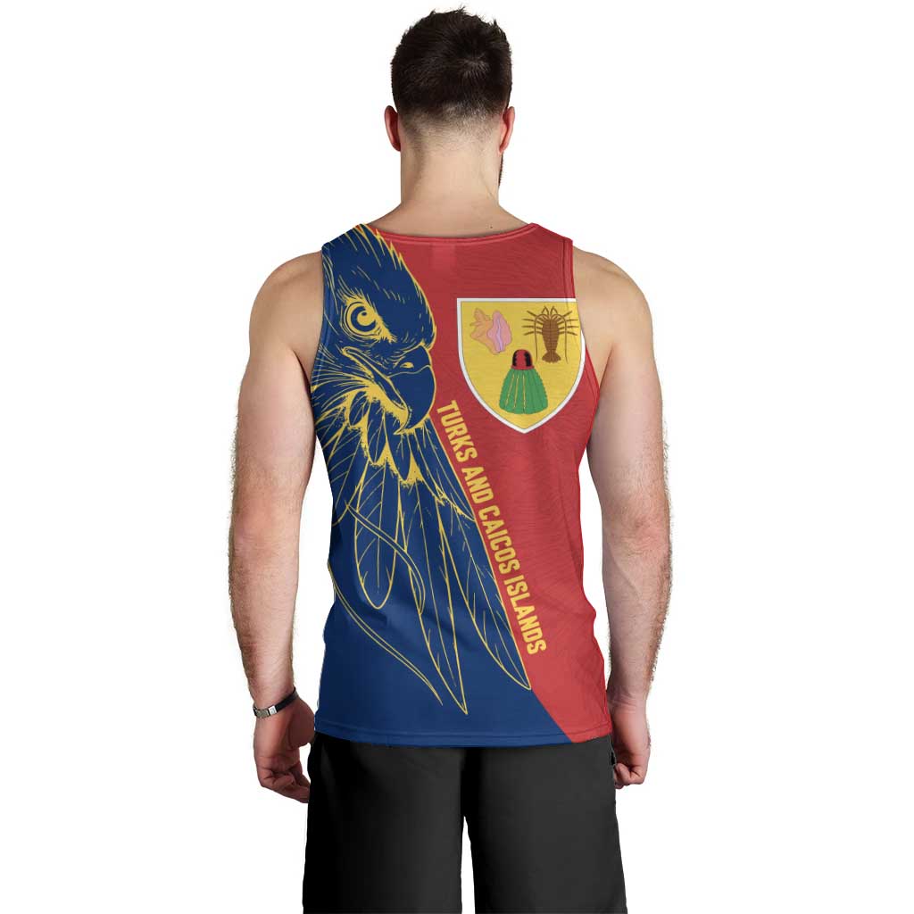Turks and Caicos Islands Men Tank Top with Yellow Hawk Outline and Red Blue Crest Design - Wonder Print Shop