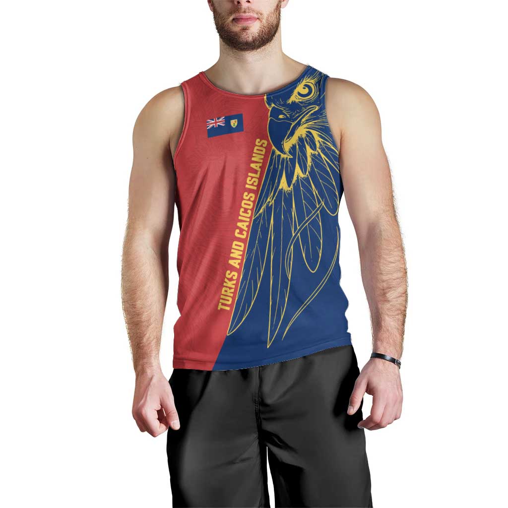 Turks and Caicos Islands Men Tank Top with Yellow Hawk Outline and Red Blue Crest Design - Wonder Print Shop