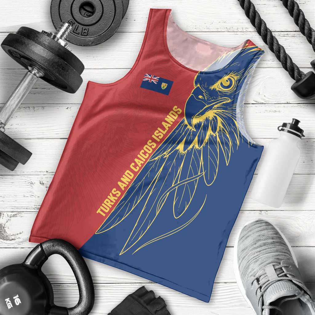 Turks and Caicos Islands Men Tank Top with Yellow Hawk Outline and Red Blue Crest Design - Wonder Print Shop