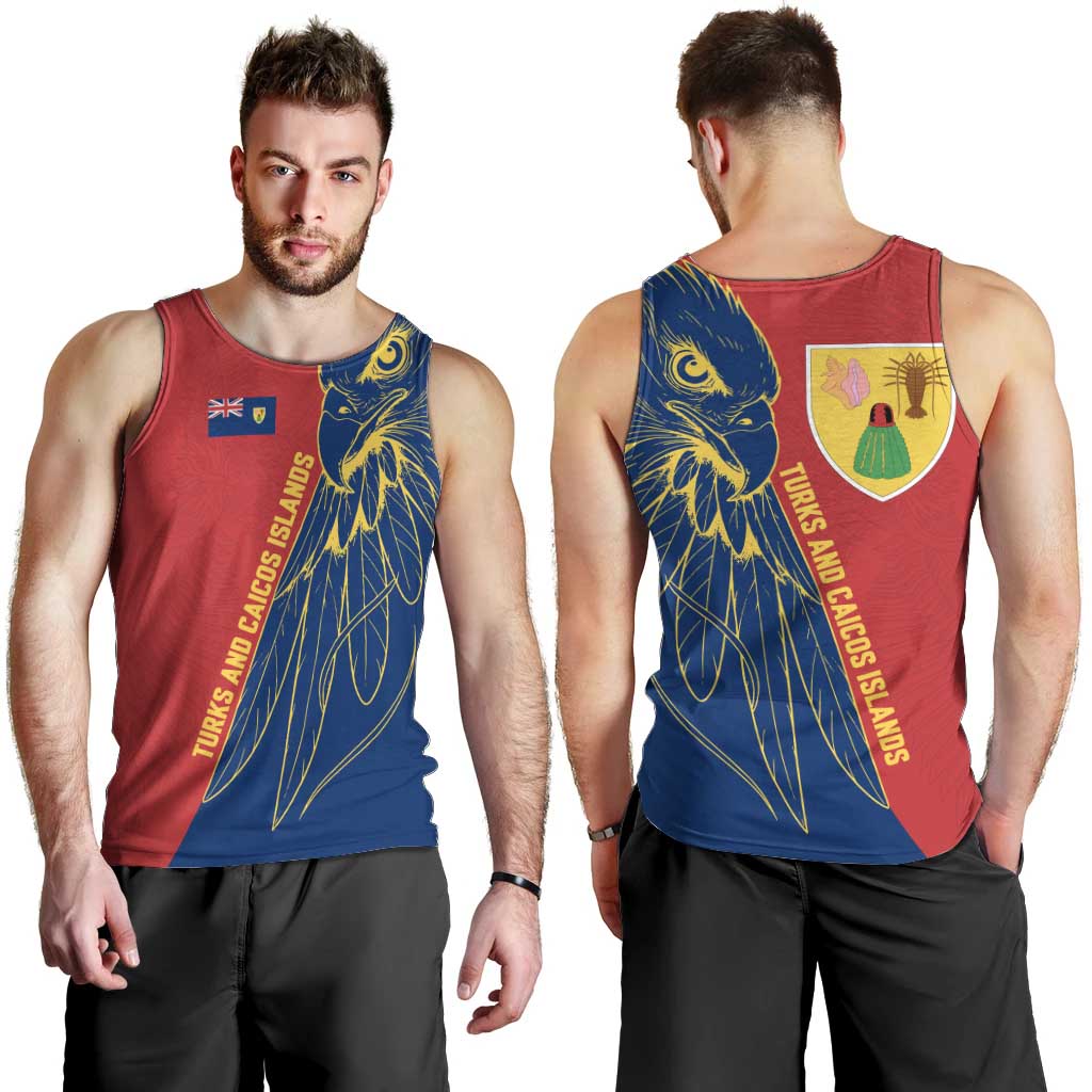 Turks and Caicos Islands Men Tank Top with Yellow Hawk Outline and Red Blue Crest Design - Wonder Print Shop