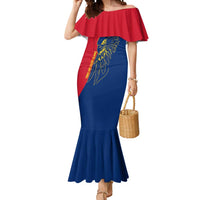 Turks and Caicos Islands Mermaid Dress with Yellow Hawk Outline and Red Blue Crest Design - Wonder Print Shop