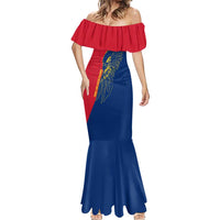 Turks and Caicos Islands Mermaid Dress with Yellow Hawk Outline and Red Blue Crest Design - Wonder Print Shop