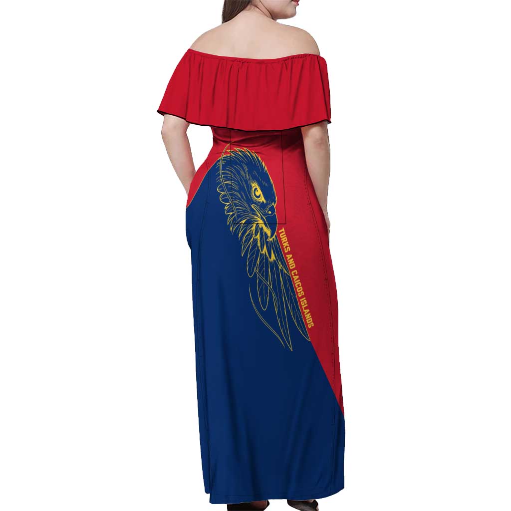 Turks and Caicos Islands Off Shoulder Maxi Dress with Yellow Hawk Outline and Red Blue Crest Design - Wonder Print Shop