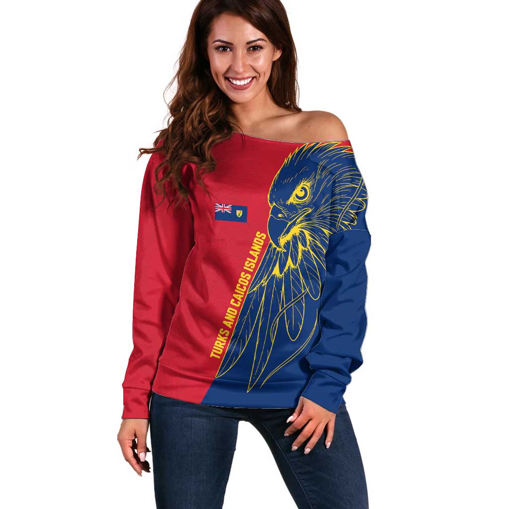 Turks and Caicos Islands Off Shoulder Sweater with Yellow Hawk Outline and Red Blue Crest Design - Wonder Print Shop