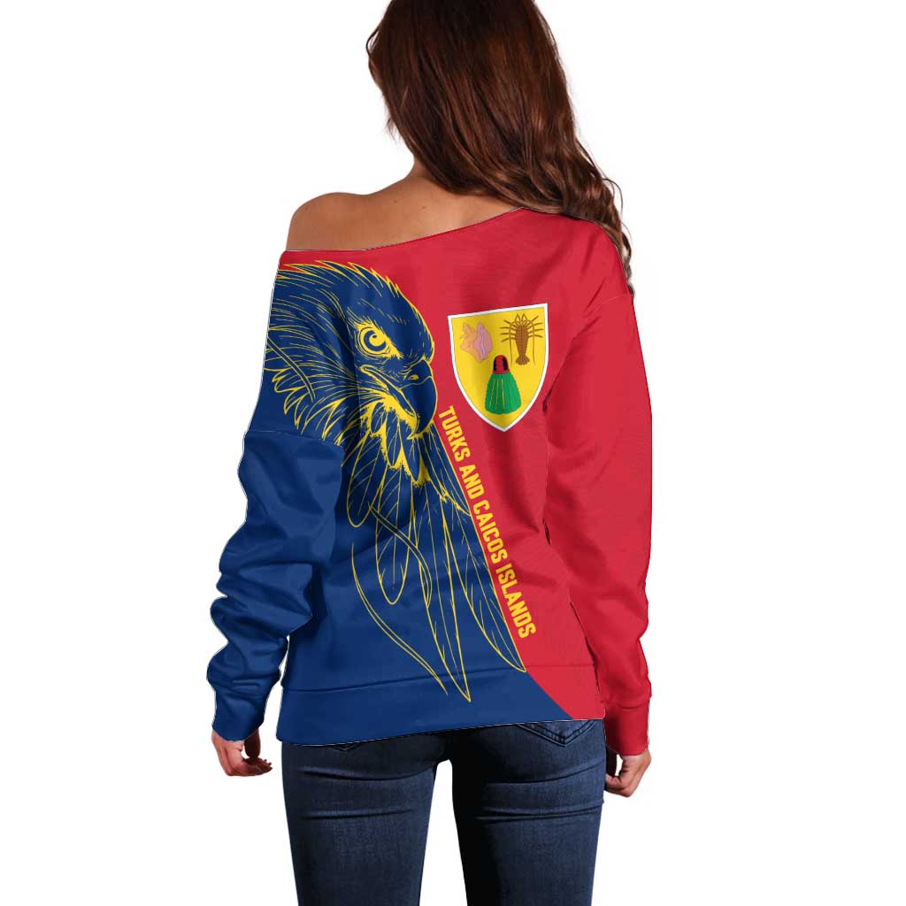 Turks and Caicos Islands Off Shoulder Sweater with Yellow Hawk Outline and Red Blue Crest Design - Wonder Print Shop