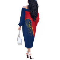 Turks and Caicos Islands Off The Shoulder Long Sleeve Dress with Yellow Hawk Outline and Red Blue Crest Design - Wonder Print Shop