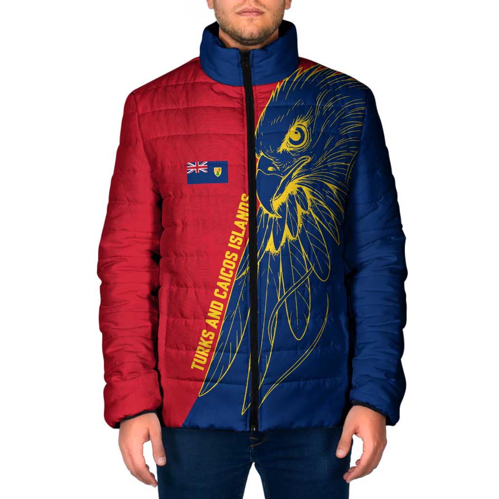 Turks and Caicos Islands Padded Jacket with Yellow Hawk Outline and Red Blue Crest Design - Wonder Print Shop