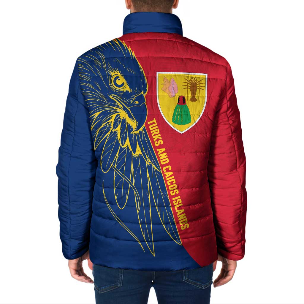 Turks and Caicos Islands Padded Jacket with Yellow Hawk Outline and Red Blue Crest Design - Wonder Print Shop
