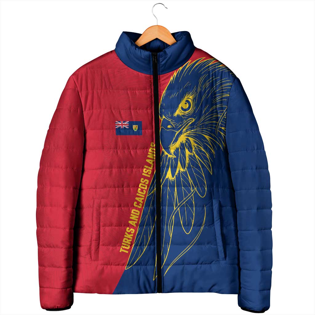 Turks and Caicos Islands Padded Jacket with Yellow Hawk Outline and Red Blue Crest Design - Wonder Print Shop