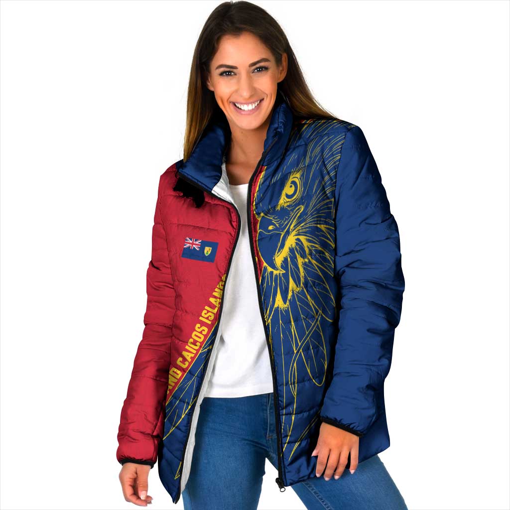 Turks and Caicos Islands Padded Jacket with Yellow Hawk Outline and Red Blue Crest Design - Wonder Print Shop