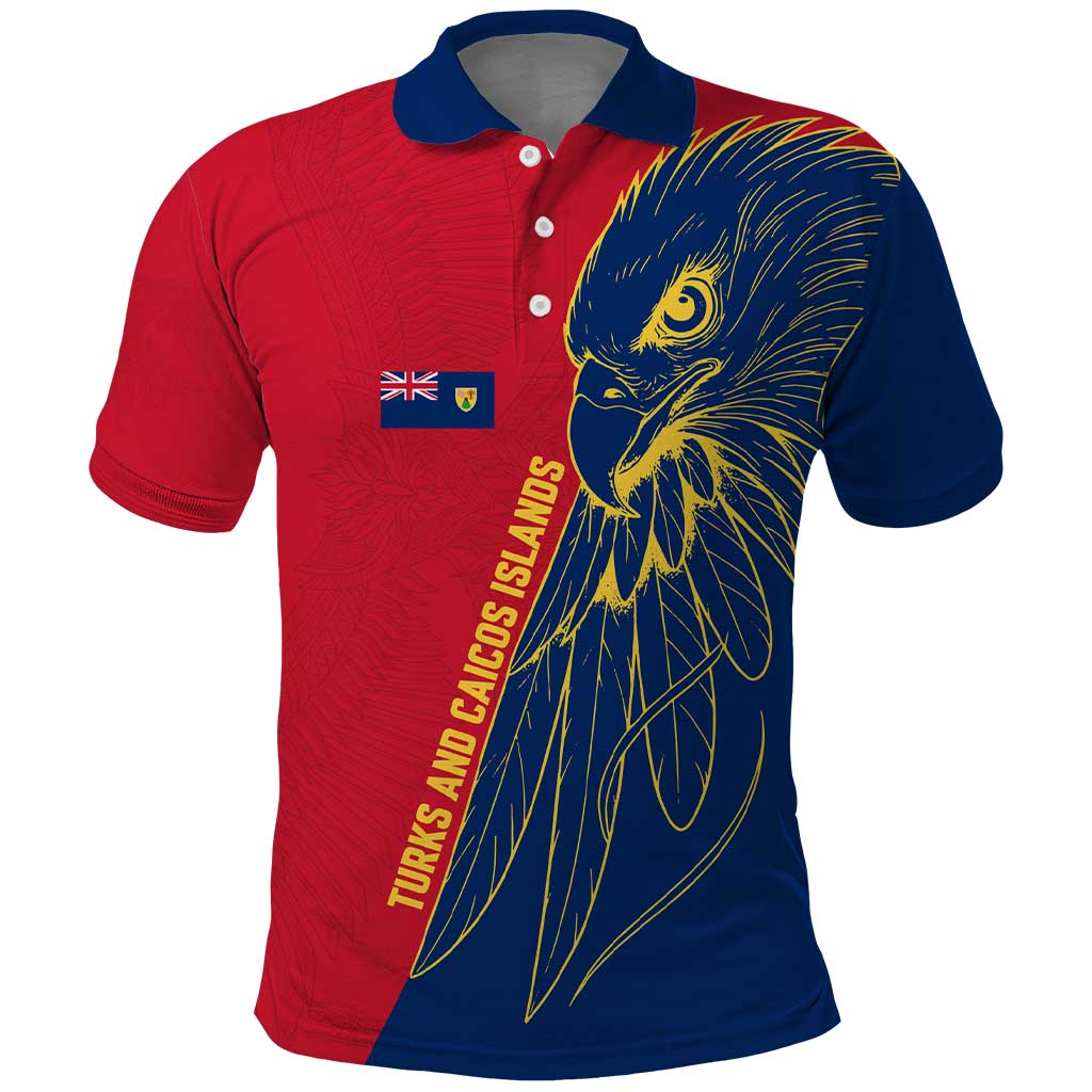 Turks and Caicos Islands Polo Shirt with Yellow Hawk Outline and Red Blue Crest Design - Wonder Print Shop