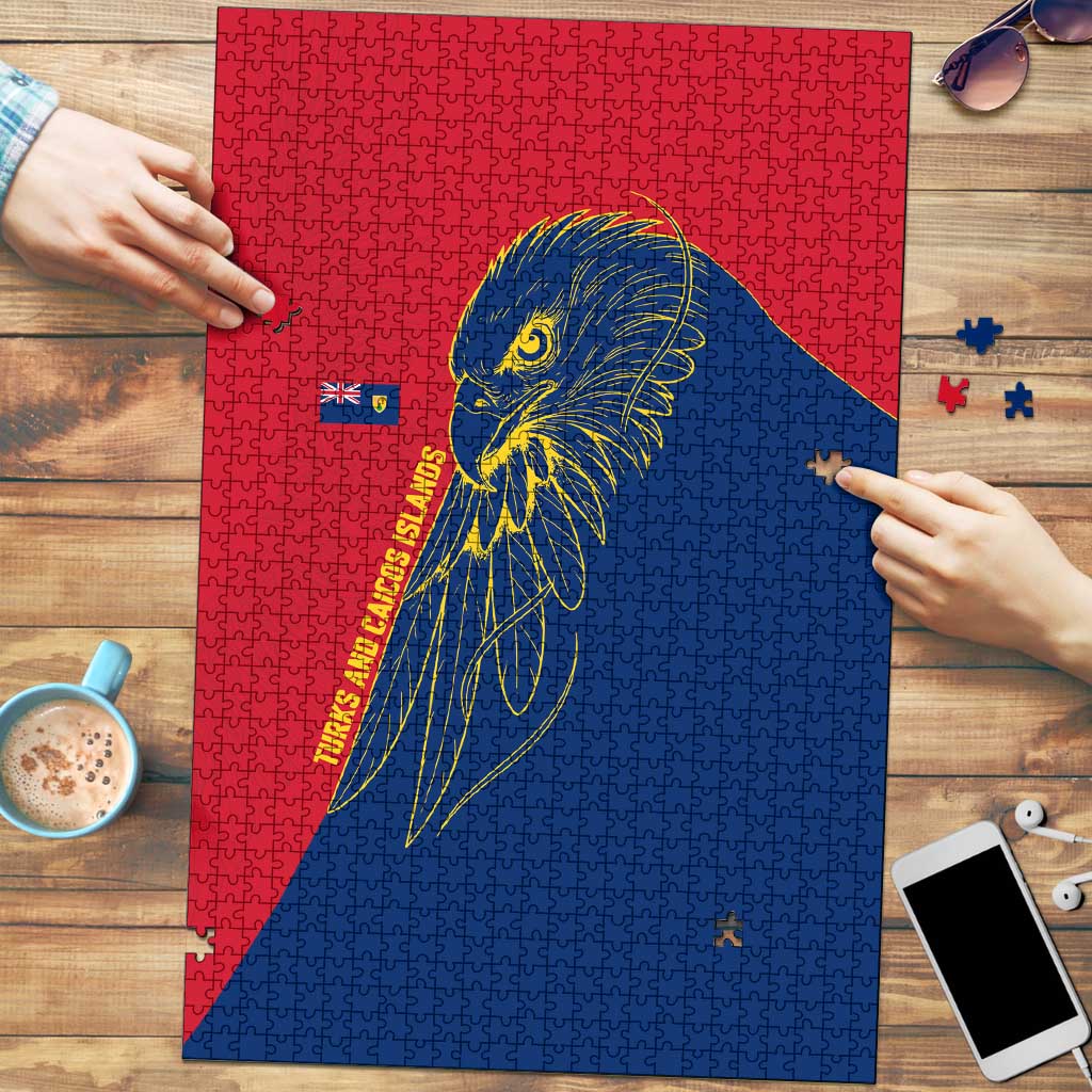 Turks and Caicos Islands Puzzle with Yellow Hawk Outline and Red Blue Crest Design - Wonder Print Shop