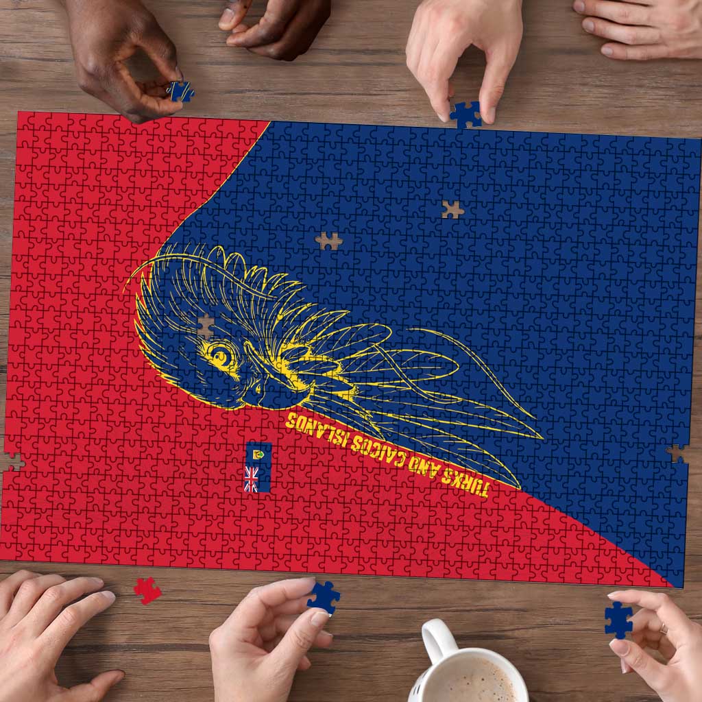 Turks and Caicos Islands Puzzle with Yellow Hawk Outline and Red Blue Crest Design - Wonder Print Shop