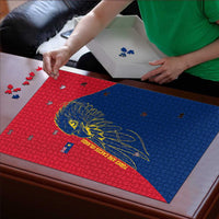 Turks and Caicos Islands Puzzle with Yellow Hawk Outline and Red Blue Crest Design - Wonder Print Shop