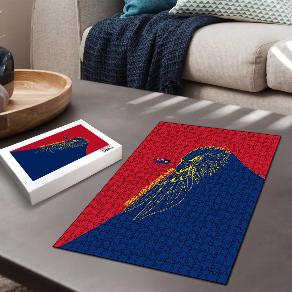 Turks and Caicos Islands Puzzle with Yellow Hawk Outline and Red Blue Crest Design - Wonder Print Shop