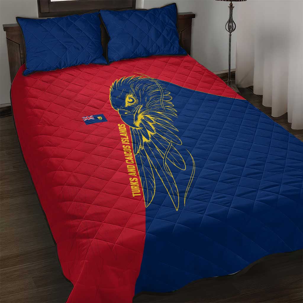 Turks and Caicos Islands Quilt Bed Set with Yellow Hawk Outline and Red Blue Crest Design - Wonder Print Shop