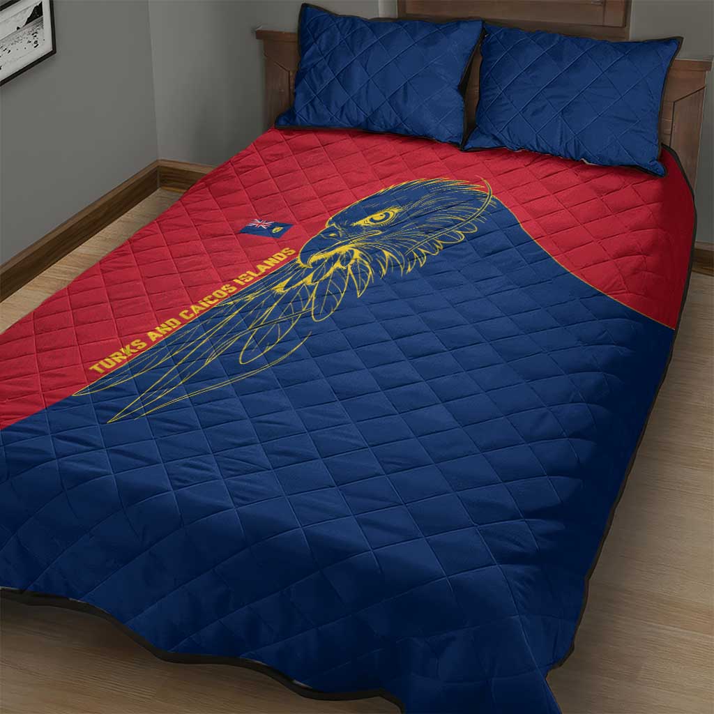 Turks and Caicos Islands Quilt Bed Set with Yellow Hawk Outline and Red Blue Crest Design - Wonder Print Shop
